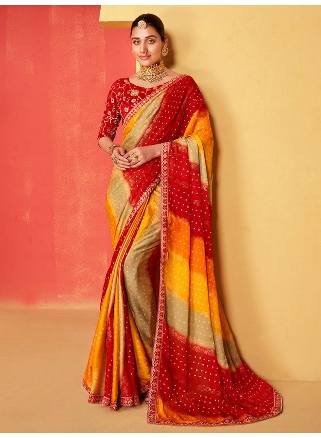 saree mall ساري مول ساري شيفون أحمر مزين بتفاصيل الدانتيل مع قطعة بلوزة غير مخيطة (SANVI2005_SS) - Image 2