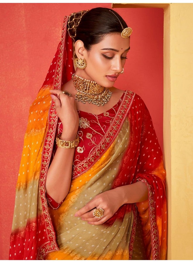 saree mall ساري مول ساري شيفون أحمر مزين بتفاصيل الدانتيل مع قطعة بلوزة غير مخيطة (SANVI2005_SS) - Image 3