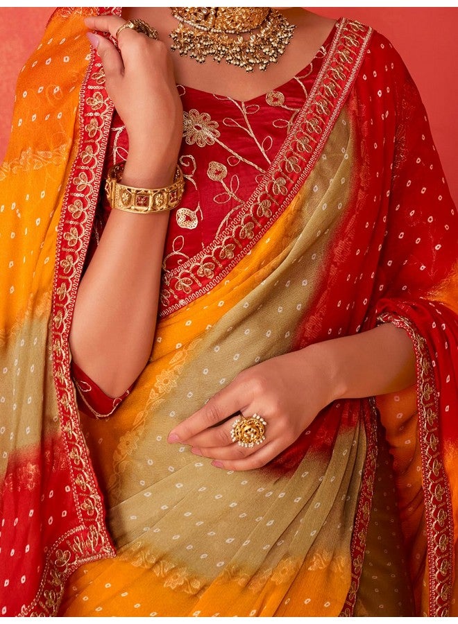 saree mall ساري مول ساري شيفون أحمر مزين بتفاصيل الدانتيل مع قطعة بلوزة غير مخيطة (SANVI2005_SS) - Image 5