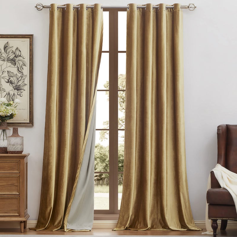 Bulbul BULBUL 100 Blackout Velvet Window Curtains Gold 96 inch Long Room Darkening Curtains Heavy Thermal Insulated Grommet Livingroom Window Drapes with Black Liner 2 Panels Set 