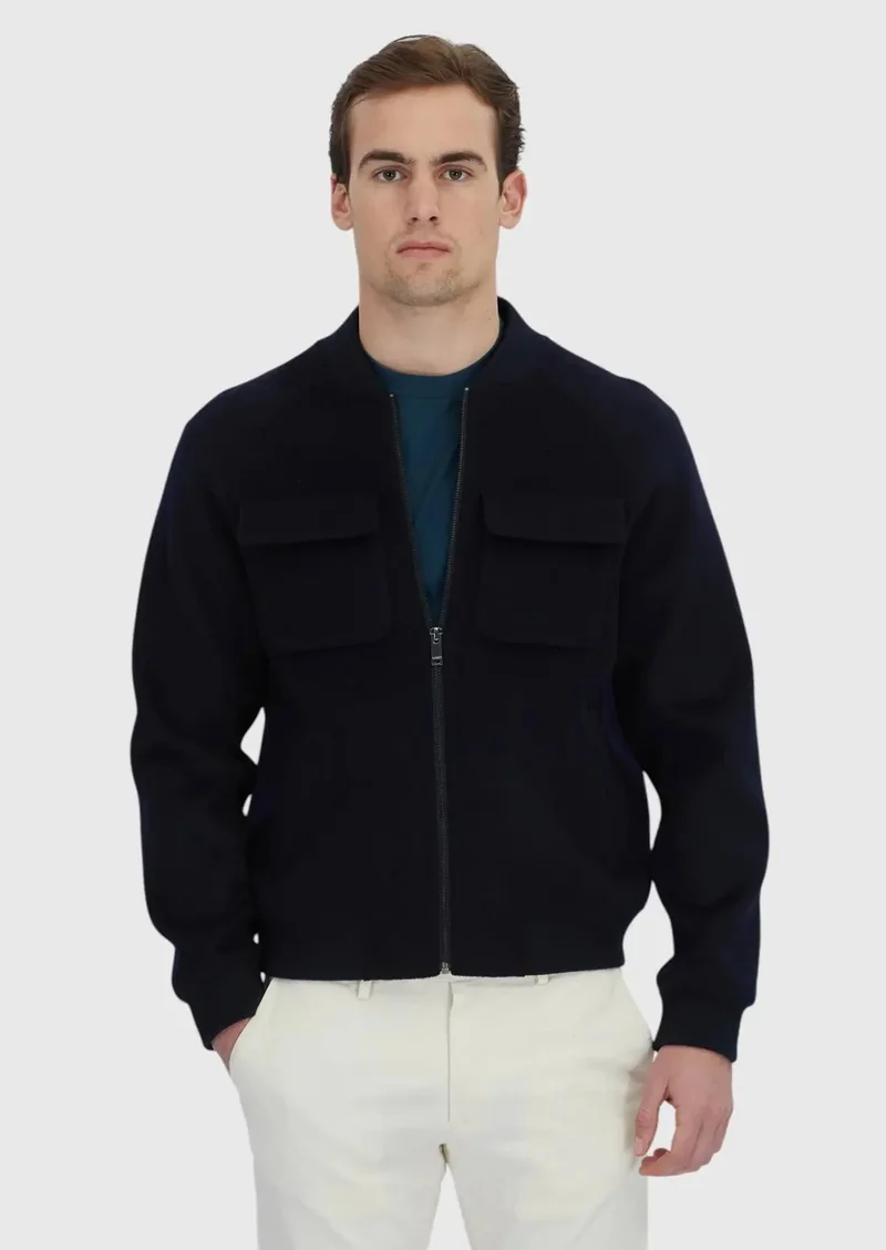 رامسي معطف كاجوال منسوج بياقة عالية وقصة عادية باللون الأزرق الداكن