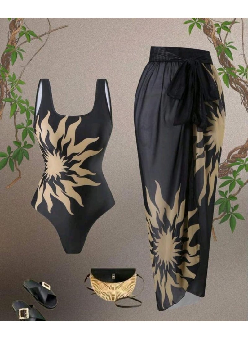 شي إن مجموعة ملابس سباحة نسائية جديدة من سويم أواسيس، مكونة من قطعتين، موديل 2025، من قطعة واحدة، بتصميم منقوش، مع فستان ماكسي شبكي للشاطئ، ملابس كاجوال للعطلات الصيفية - Image 1
