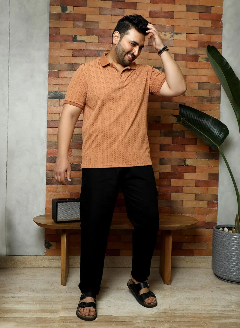 Instafab Plus Instafab Plus Men's Rust Orange Geometric-Folk Knitted Polo T-Shirt | Jacquard Polo Neck , Short Sleeves , Button Closure , Straight Hemline | Solid Jacquard Polyester Blend For Office & Casual Wear