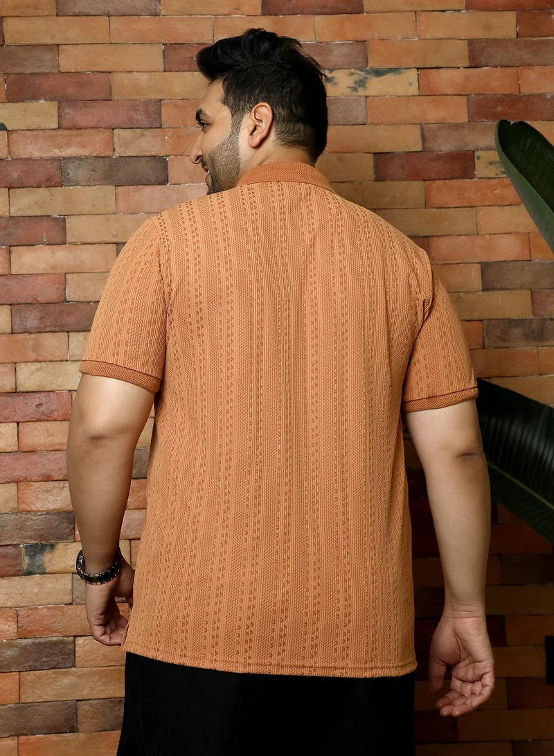 Instafab Plus Instafab Plus Men's Rust Orange Geometric-Folk Knitted Polo T-Shirt | Jacquard Polo Neck , Short Sleeves , Button Closure , Straight Hemline | Solid Jacquard Polyester Blend For Office & Casual Wear