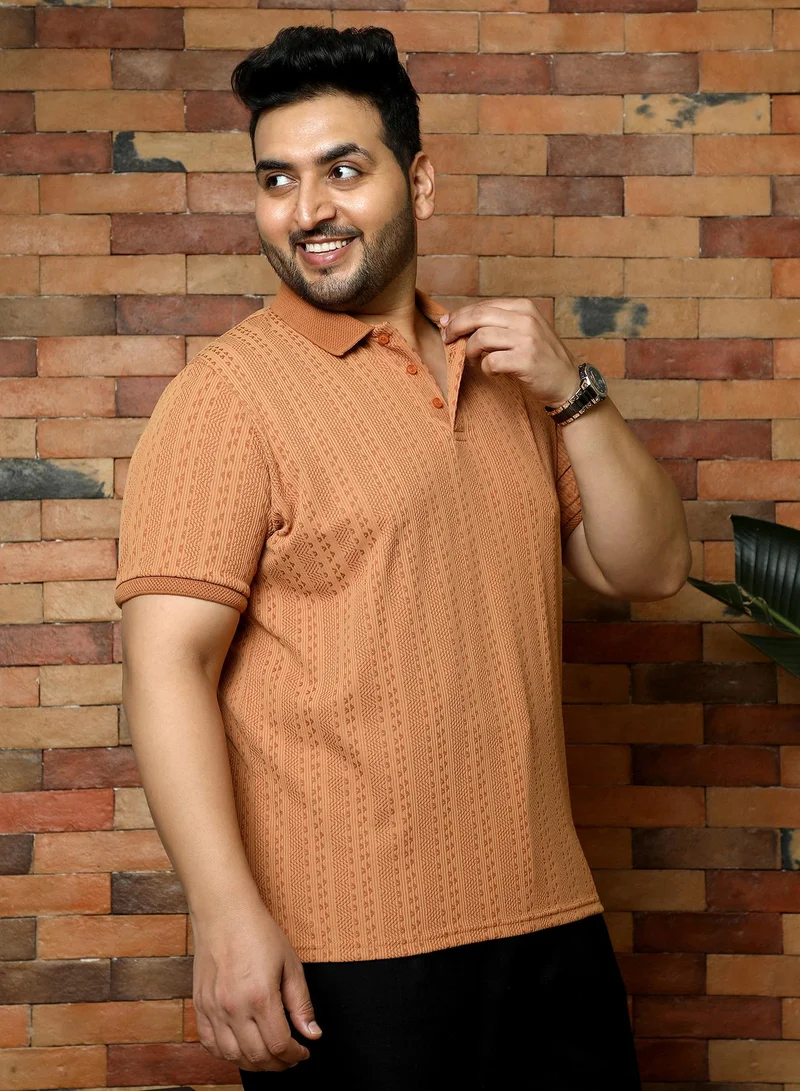 Instafab Plus Instafab Plus Men's Rust Orange Geometric-Folk Knitted Polo T-Shirt | Jacquard Polo Neck , Short Sleeves , Button Closure , Straight Hemline | Solid Jacquard Polyester Blend For Office & Casual Wear