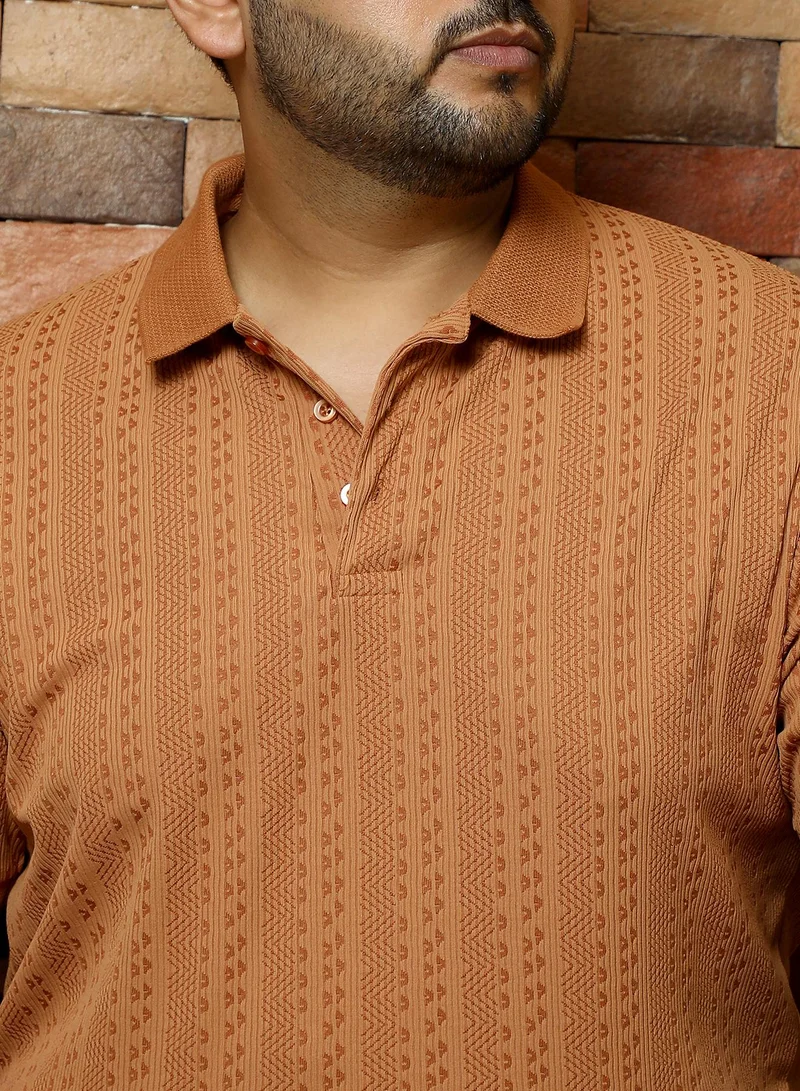 Instafab Plus Instafab Plus Men's Rust Orange Geometric-Folk Knitted Polo T-Shirt | Jacquard Polo Neck , Short Sleeves , Button Closure , Straight Hemline | Solid Jacquard Polyester Blend For Office & Casual Wear