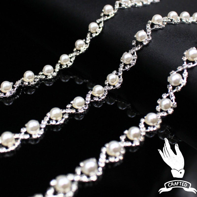 PEARLY JUN 1 Yard Pearl Trim Chain Rhinestone Silver String Crystal Applique Fringe Ribbon Strips Beads Sewing Dress DIY Party Wedding Bouquet for Decoration Bridal Costume Embellishment - Image 2