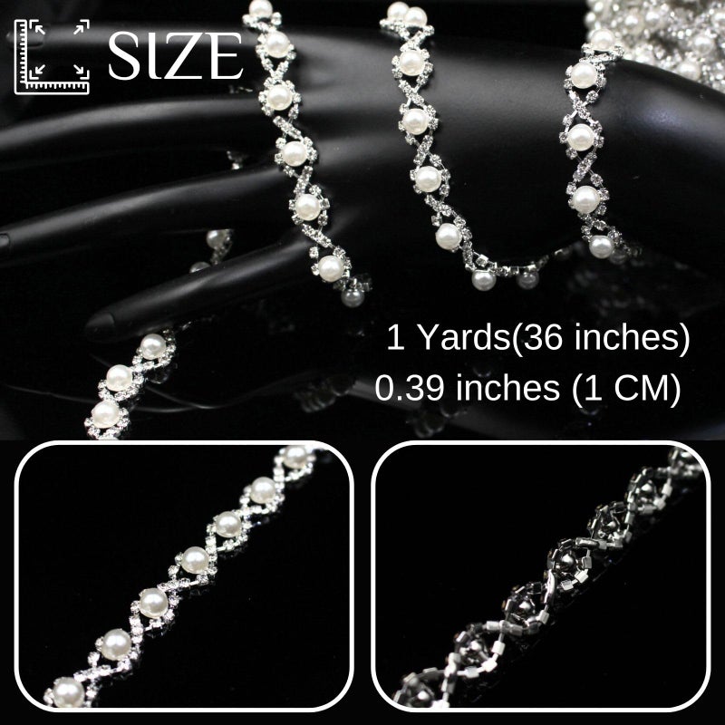 PEARLY JUN 1 Yard Pearl Trim Chain Rhinestone Silver String Crystal Applique Fringe Ribbon Strips Beads Sewing Dress DIY Party Wedding Bouquet for Decoration Bridal Costume Embellishment - Image 3