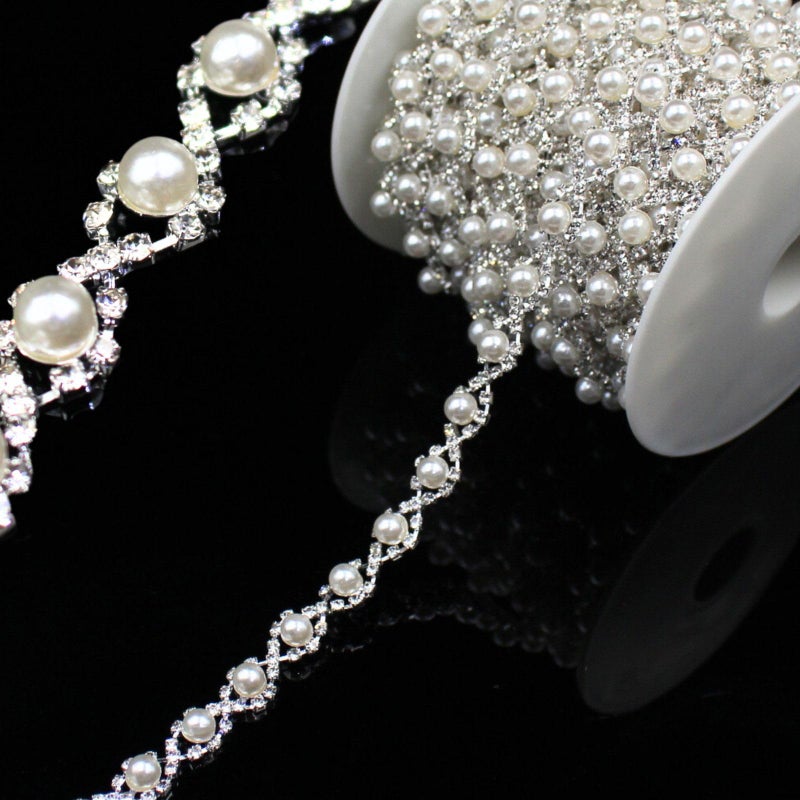 PEARLY JUN 1 Yard Pearl Trim Chain Rhinestone Silver String Crystal Applique Fringe Ribbon Strips Beads Sewing Dress DIY Party Wedding Bouquet for Decoration Bridal Costume Embellishment - Image 1