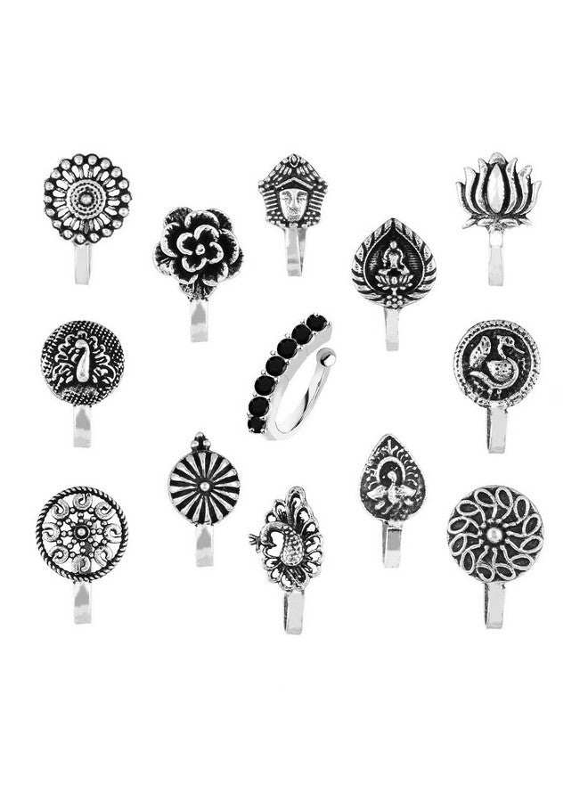 THANUS CRAFT THANU'S CRAFT Oxidized jewellery Black silver Metal nose pin Non piercing Clip on Oxidised nose ring Stud for Girls & Ladies - Image 1