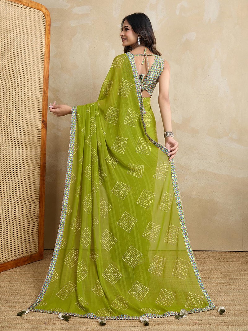 Satrani Women's Georgette Bandhani Printed Foil Work Saree with Unstitched Blouse Piece (4292S923N_Green) - Image 3