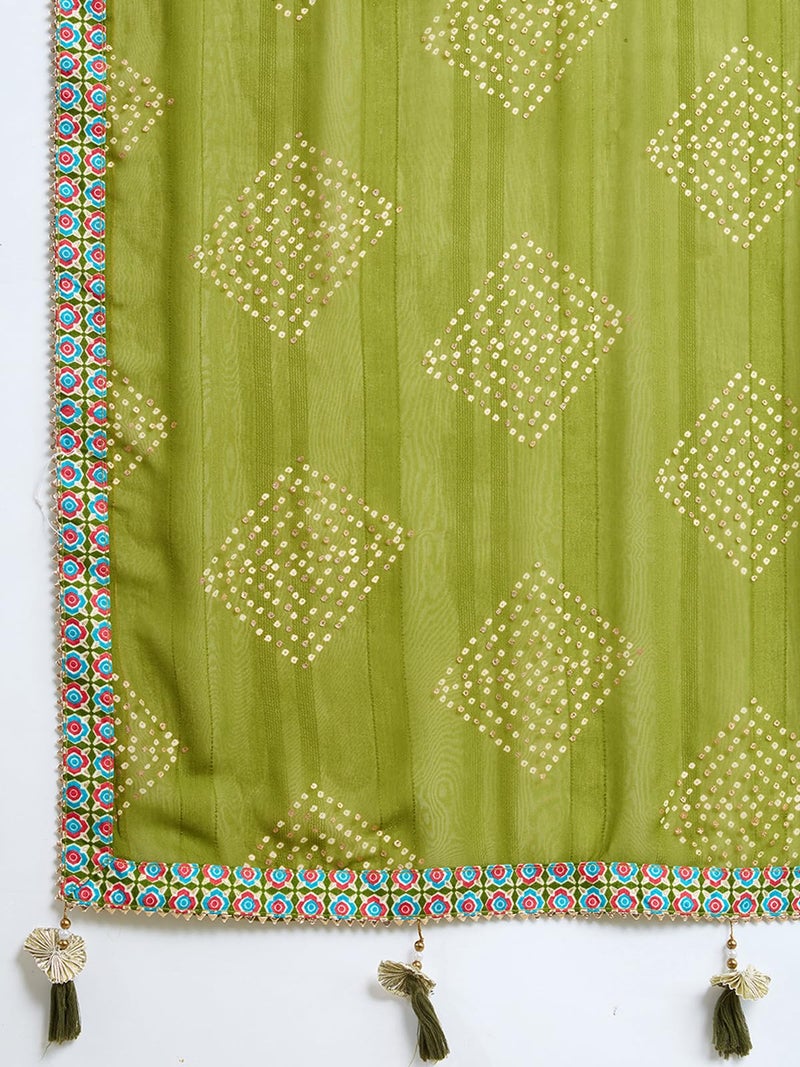 Satrani Women's Georgette Bandhani Printed Foil Work Saree with Unstitched Blouse Piece (4292S923N_Green) - Image 5