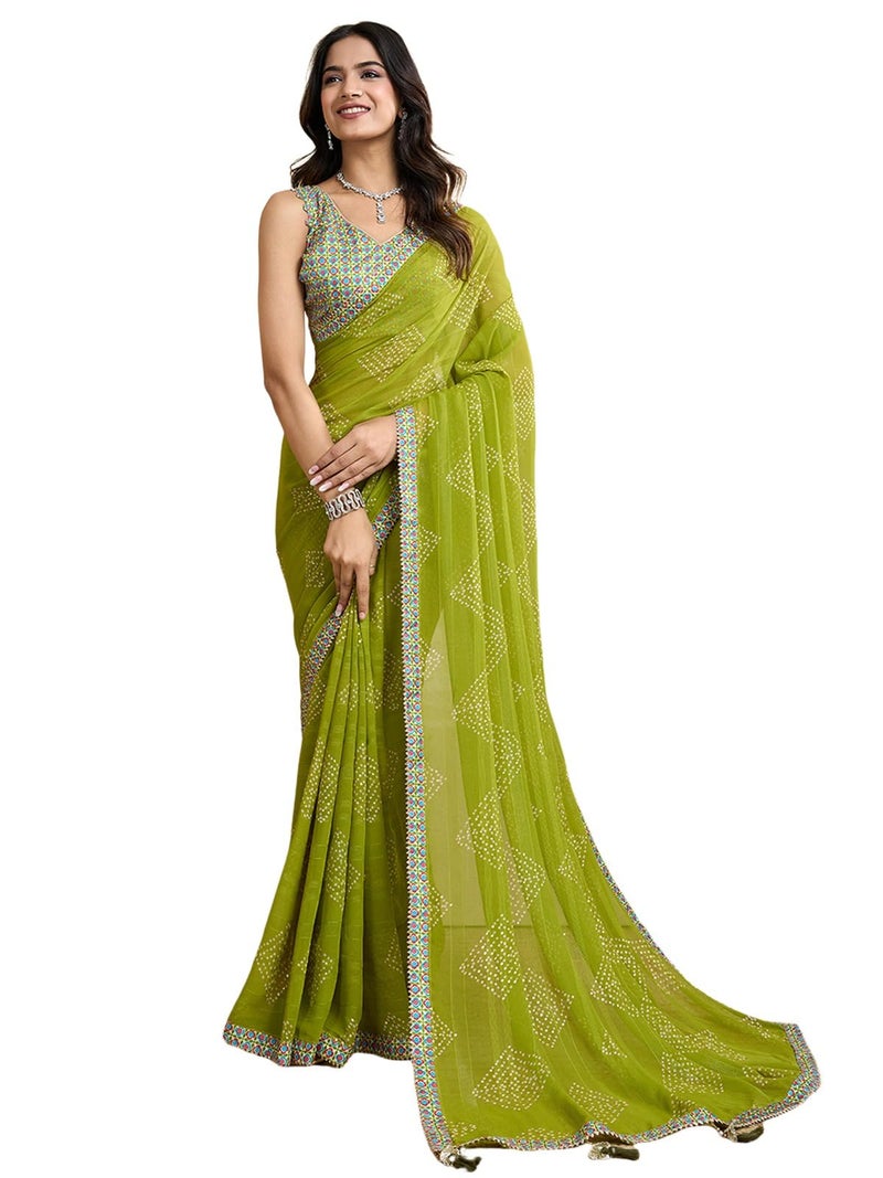 Satrani Women's Georgette Bandhani Printed Foil Work Saree with Unstitched Blouse Piece (4292S923N_Green) - Image 1
