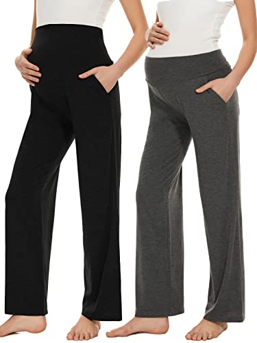 Ecavus Women's Maternity Wide/Straight Versatile Comfy Palazzo Lounge Pants Stretch Pregnancy Trousers with Pockets - Image 1