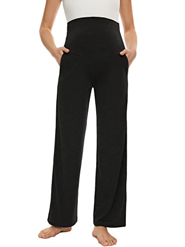 Ecavus Women's Maternity Wide/Straight Versatile Comfy Palazzo Lounge Pants Stretch Pregnancy Trousers with Pockets - Image 2