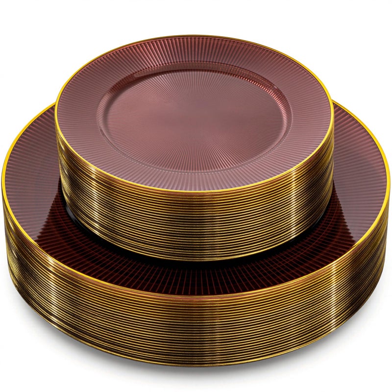 Hioasis 60pcs Burgundy and Gold Plastic Plates - Burgundy Disposable Dinnerware Set, 30pcs Dinner 10.25in & 30pcs Dessert 7.5in Plates with Striped Designs for Party & Wedding - Image 1