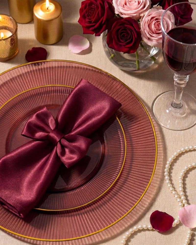 Hioasis 60pcs Burgundy and Gold Plastic Plates - Burgundy Disposable Dinnerware Set, 30pcs Dinner 10.25in & 30pcs Dessert 7.5in Plates with Striped Designs for Party & Wedding - Image 4