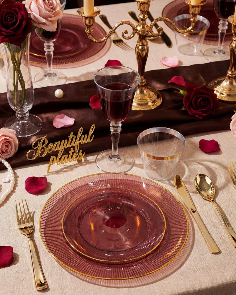 Hioasis 60pcs Burgundy and Gold Plastic Plates - Burgundy Disposable Dinnerware Set, 30pcs Dinner 10.25in & 30pcs Dessert 7.5in Plates with Striped Designs for Party & Wedding - Image 2
