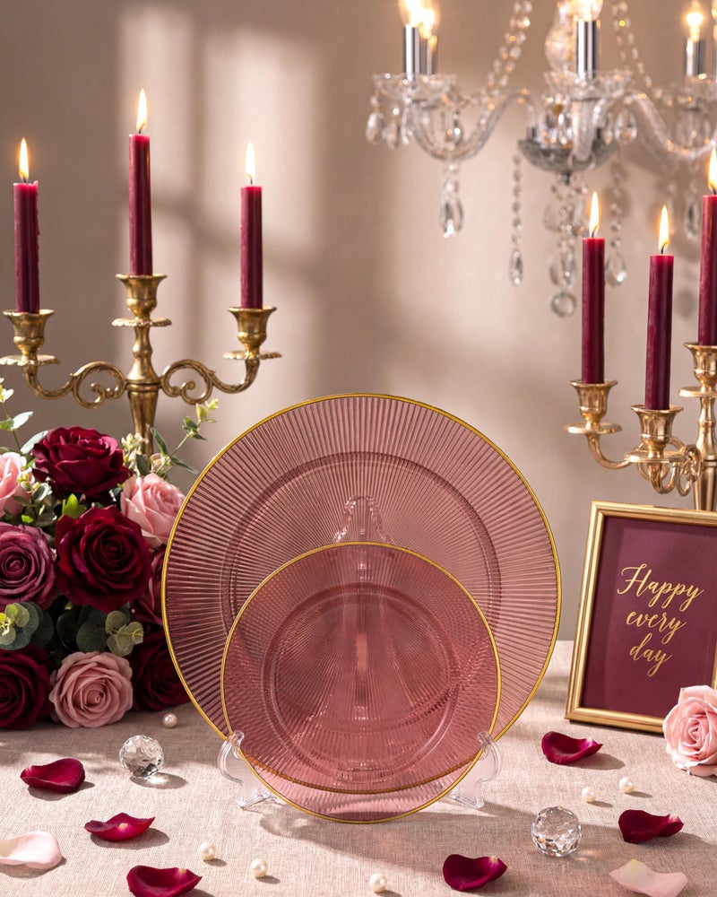Hioasis 60pcs Burgundy and Gold Plastic Plates - Burgundy Disposable Dinnerware Set, 30pcs Dinner 10.25in & 30pcs Dessert 7.5in Plates with Striped Designs for Party & Wedding - Image 5
