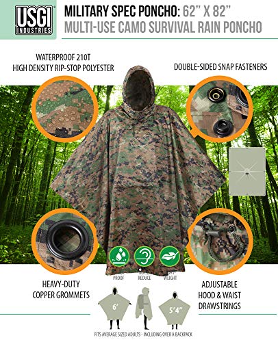 USGI Industries Military Style Poncho | Lightweight Tactical Multi Use Rip Stop Camouflage Rain Poncho | Perfect for Hiking, Hunting, Emergency Tent, Survival (Marpat) - Image 4