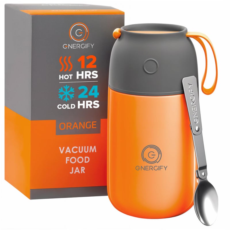 Vacuum Insulated Food Jar Large 24oz Bowl incl Folding Spoon Cup Wide Mouth Thermos Keep Hot  Cold Drinks Soup Thermo Lunch Container for Adults BPAFree Stainless Steel Leak Proof Orange
