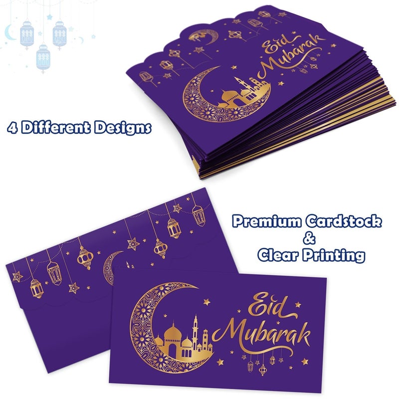 Kitticcino 24 Pcs Eid Mubarak Money Envelopes Eid Gifts Cards Holders for Ramadan Eid Al-Fitr Gifts Greeting Cards Eid Envelopes for Cash Eid Holiday Celebrations Decorations Party Supplies, Purple - Image 2