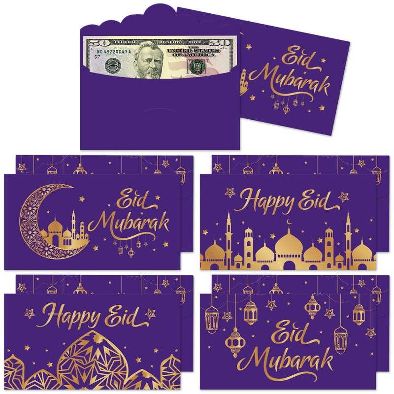 Kitticcino 24 Pcs Eid Mubarak Money Envelopes Eid Gifts Cards Holders for Ramadan Eid Al-Fitr Gifts Greeting Cards Eid Envelopes for Cash Eid Holiday Celebrations Decorations Party Supplies, Purple - Image 1