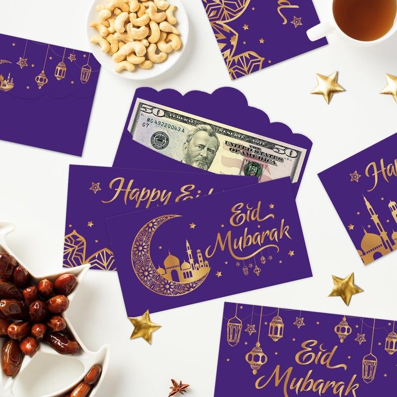 Kitticcino 24 Pcs Eid Mubarak Money Envelopes Eid Gifts Cards Holders for Ramadan Eid Al-Fitr Gifts Greeting Cards Eid Envelopes for Cash Eid Holiday Celebrations Decorations Party Supplies, Purple - Image 4