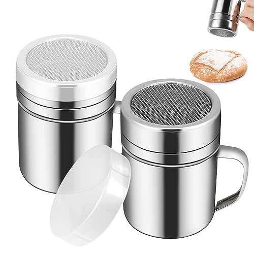 OYANIMO 2 Pcs Powdered Sugar Shaker Duster with Handle, Stainless Steel Fine Mesh Shaker Powder Cans with Plastic Lid, Sifter Dredge Shaker for Powder Sugar Cinnamon Cocoa Pepper Coffee Flour Salt (6oz) - Image 1