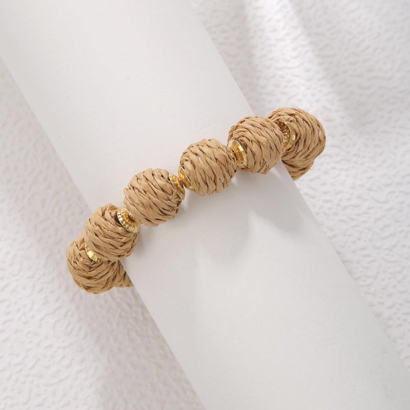 Coiris Rattan Ball Bracelet Adjustable Handmade Raffia Bracelets Woven Stretch Bracelet for Women(BR-1229-Light Brown) - Image 3