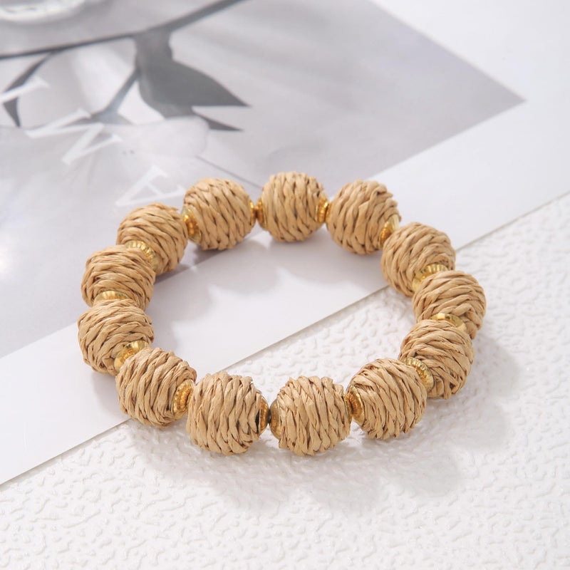 Coiris Rattan Ball Bracelet Adjustable Handmade Raffia Bracelets Woven Stretch Bracelet for Women(BR-1229-Light Brown) - Image 2