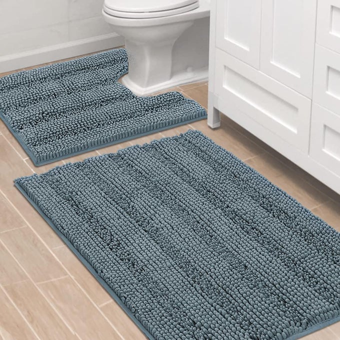 HVERSAILTEX BATHROOM RUGS BATH RUG SET 2 PIECE BATHROOM CONTOUR RUG TOILET MAT SETS NON SLIP CONTOUR BATH RUG ULTRA THICK WATER ABSORBENT STRIPED BATH MATS36 X 24 PLUS 20 X 24 U STONE BLUE