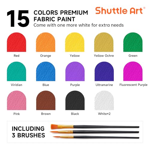 Shuttle Art Fabric Paint, 15 x 12ml Tubes Permanent Soft Fabric Paint with 3 Brushes, Non-Toxic Textile Paint for Clothes, T-Shirts, Shoes, Jeans, Bags, DIY Projects&Art, Ideal for Kids Adults Artists - Image 3
