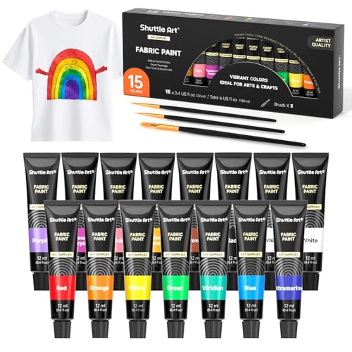 Shuttle Art Fabric Paint, 15 x 12ml Tubes Permanent Soft Fabric Paint with 3 Brushes, Non-Toxic Textile Paint for Clothes, T-Shirts, Shoes, Jeans, Bags, DIY Projects&Art, Ideal for Kids Adults Artists - Image 1