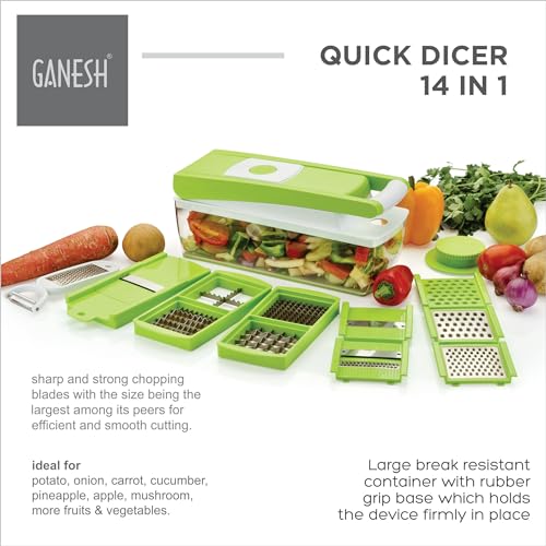 Ganesh 14 in 1 Multipurpose Chopper, Fruits & Vegetable Cutters, Grater Peeler Chipser, Unbreakable Food Grade Body, Easy Push to Clean Button Slicer Dicer, Chopper for Kitchen (Green, Plastic) - Image 4