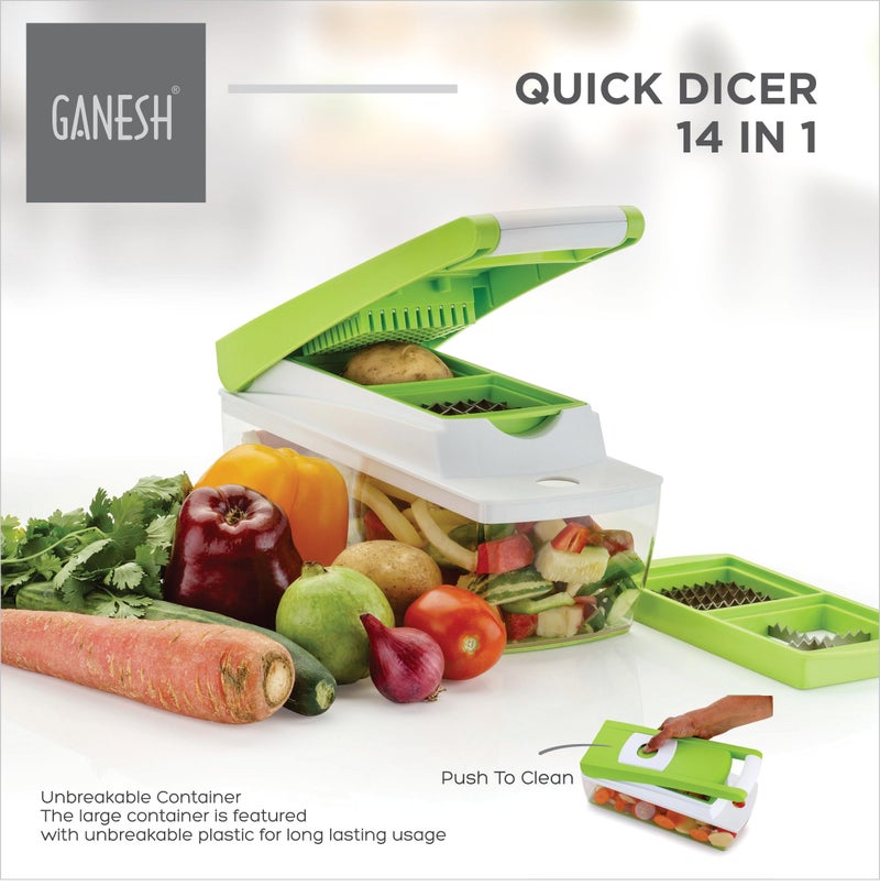 Ganesh 14 in 1 Multipurpose Chopper, Fruits & Vegetable Cutters, Grater Peeler Chipser, Unbreakable Food Grade Body, Easy Push to Clean Button Slicer Dicer, Chopper for Kitchen (Green, Plastic) - Image 3