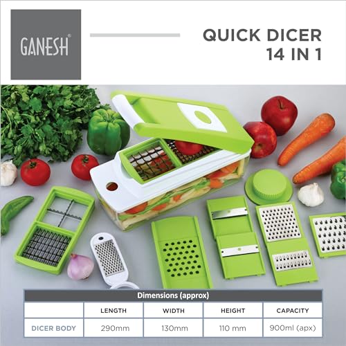 Ganesh 14 in 1 Multipurpose Chopper, Fruits & Vegetable Cutters, Grater Peeler Chipser, Unbreakable Food Grade Body, Easy Push to Clean Button Slicer Dicer, Chopper for Kitchen (Green, Plastic) - Image 5