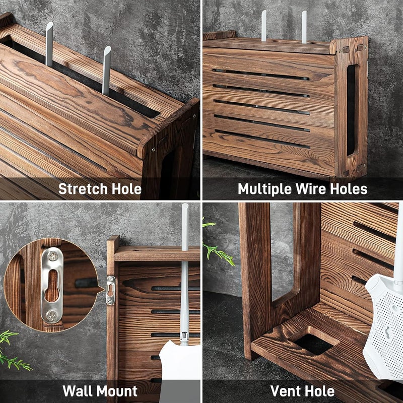 BEARUT Wooden Router Shelf Wall Mount WiFi Router Storage Box Modem Cable Router Cover Organized Power Strip Cable Management Hider Rack Need Assembly 149  98  54 in L H  W - Image 4