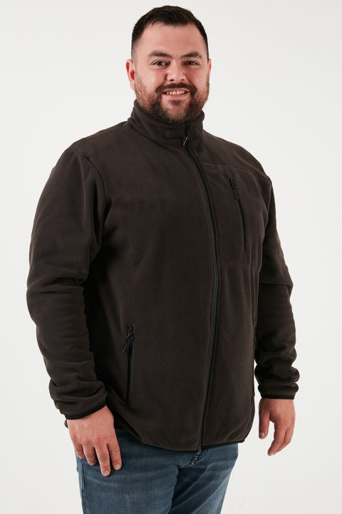 Regular Fit Stand Collar Zippered Plus Size Polar Fleece Cardigan Men's Cardigan 5906028B