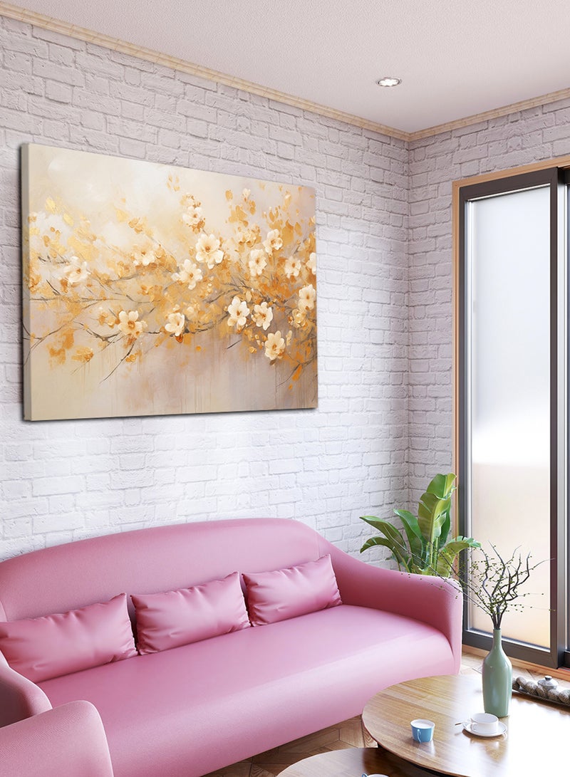 LOWHA Canvas Wall Art Stretched Over Wooden Frame with Golden Flowers Painting - Image 1
