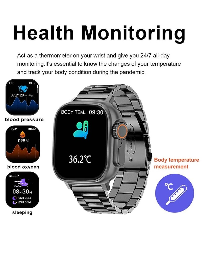2023 Smart Watch Body Temperature Ultra Smartwatch Wireless Charging Bluetooth Call With Stainless Steel Band Black