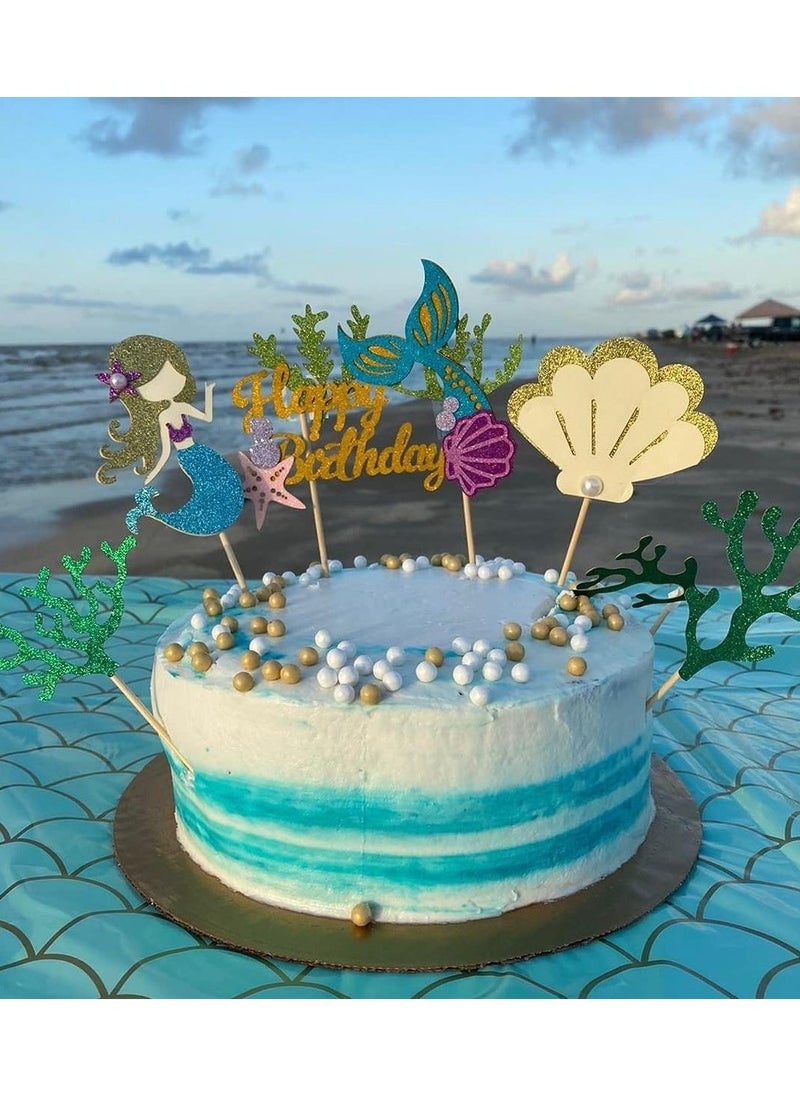 Generic - Mermaid Birthday Cake Toppers Set, Glitter Mermaid Theme Birthday Cake Topper with Seaweed and Mermaid, Cake Cupcake Toppers for Girls Mermaid Themed Birthday Cake Party Decorations (White) - Image 1