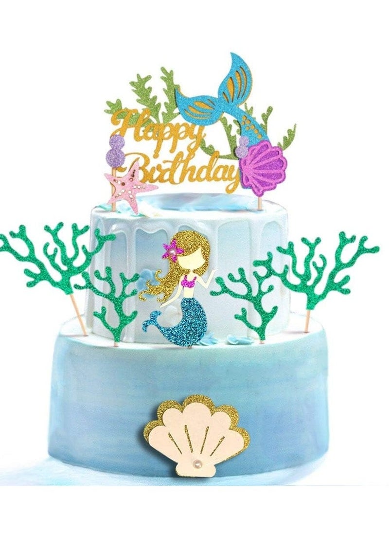 Generic - Mermaid Birthday Cake Toppers Set, Glitter Mermaid Theme Birthday Cake Topper with Seaweed and Mermaid, Cake Cupcake Toppers for Girls Mermaid Themed Birthday Cake Party Decorations (White) - Image 1