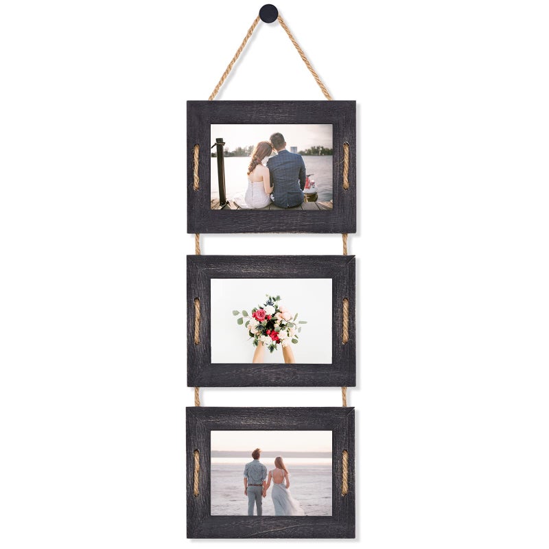DLQuarts 5x7 Hanging Picture Frames Collage Wall Decor 3Opening Photo Frames 5x7 Without Mat  35x5 with Mat Rustic Wood 3Frame Weathered Black