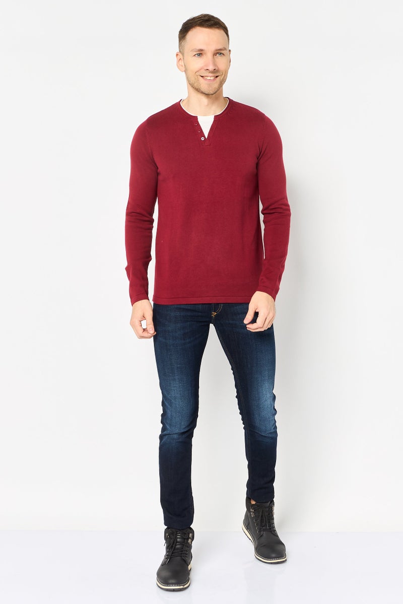 Celio Men Crew Neck Heather Sweater, Maroon - Image 2