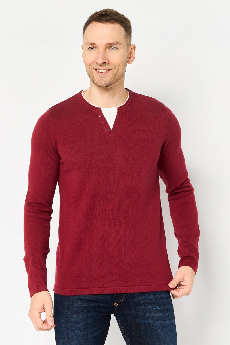 Celio Men Crew Neck Heather Sweater, Maroon - Image 1
