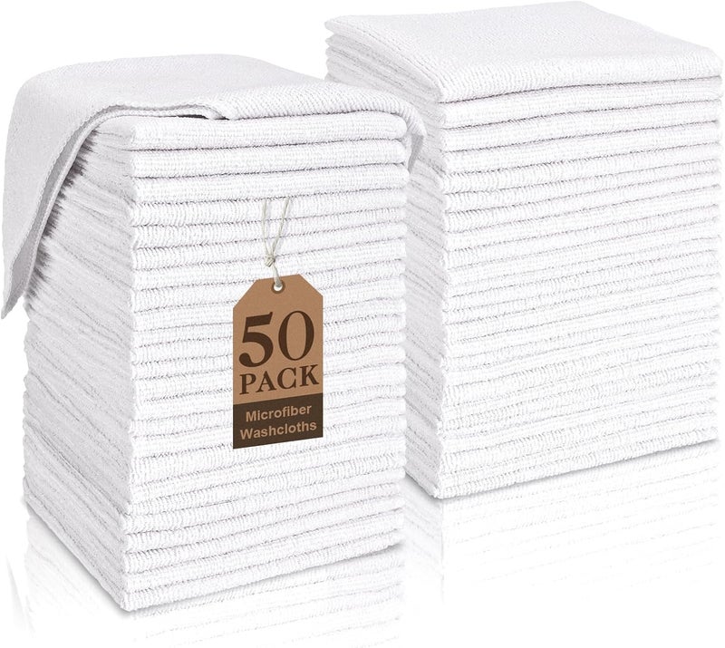 TEAWOO White Washcloths Bulk 50 Pack, Highly Absorbent & Quick Drying Face Towels, Premium Quality Soft Bath Towels, Multipurpose Microfiber Wash Cloths, 12x12 inches - Image 1