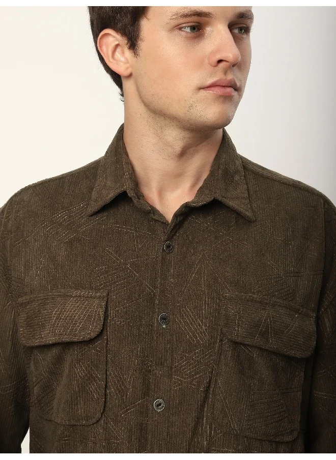 Beyoung Dark Brown Tribal Textured Corduroy Shirt
