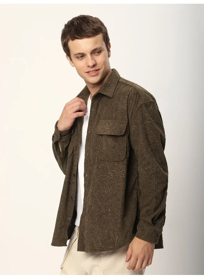 Beyoung Dark Brown Tribal Textured Corduroy Shirt