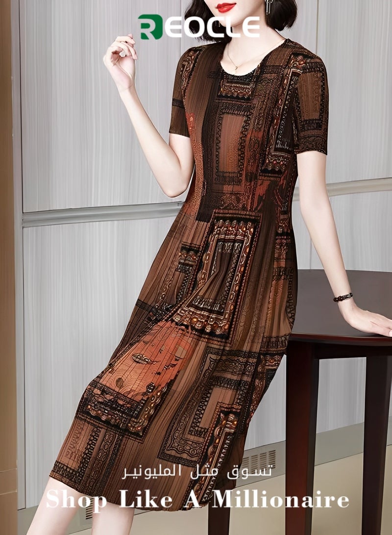 REOCLE New Large Size Retro Dress Summer Korean Style Fashion Slim Skirt Round Neck Casual Printed Dress Women's Trend - Image 1